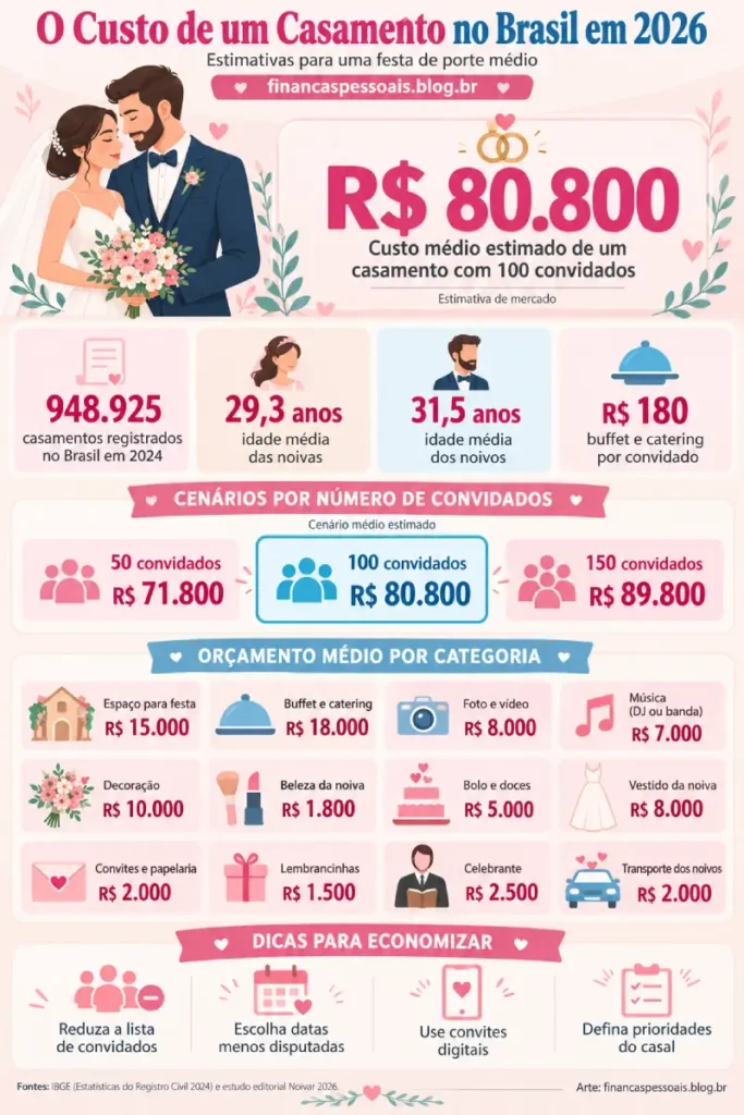 11 maneiras de economizar em despesas de casamento 1 Infográfico de custos de casamento no Brasil em 2026
