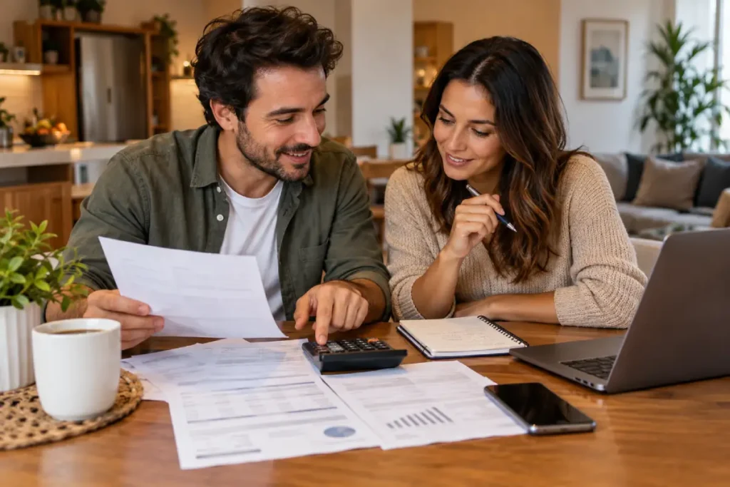 Casal sentado à mesa com notebook e calculadora organizando as finanças e dividindo as contas da casa